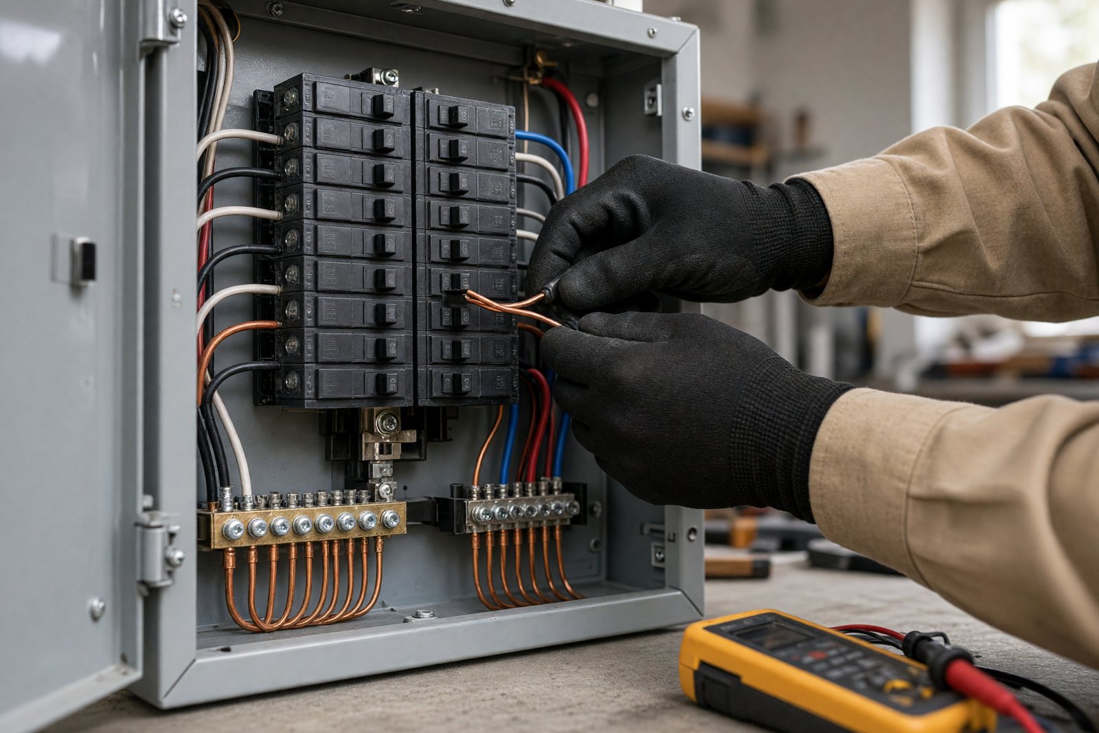 Electrician's gloved hands wiring a tidy residential breaker panel